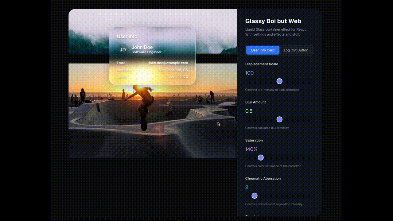 Live demonstration of liquid glass react component customization and effects Liquid Glass React Interactive Demo - Real-time Parameter Controls